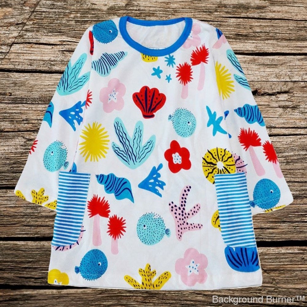 Sea Shells Girls Long Sleeve Blue Tunic Dress